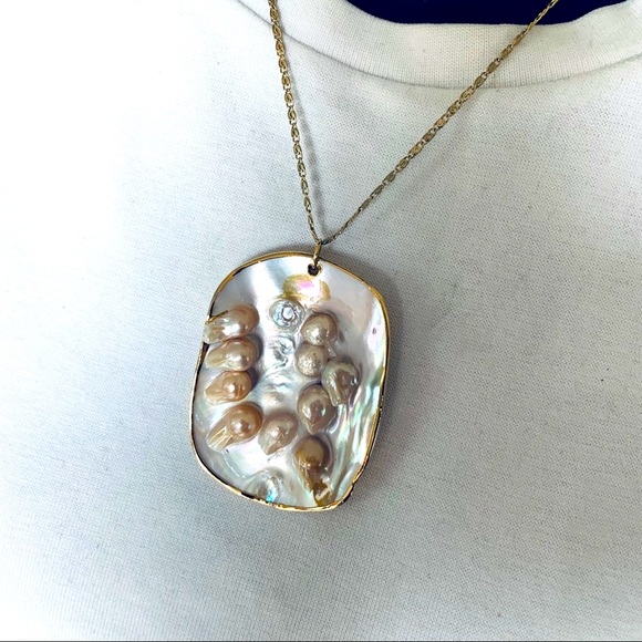 Beautiful necklace with Mother-of-pearl tablet pendant & 10 real pearls - Picture 15 of 15